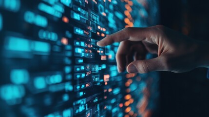 Interacting with digital data technology user interface cyber environment close-up view innovation