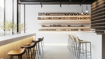 A sophisticated and stylish wine bar design boasting a clean white canvas backdrop, Artfully displayed minimalist wine selection, Fashion-forward minimalist style