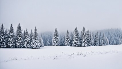 Naklejka premium Dense forest of snow-covered evergreen trees