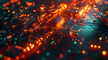Fototapeta premium Abstract Circuit Board 3D Background - Orange and Green Bokeh