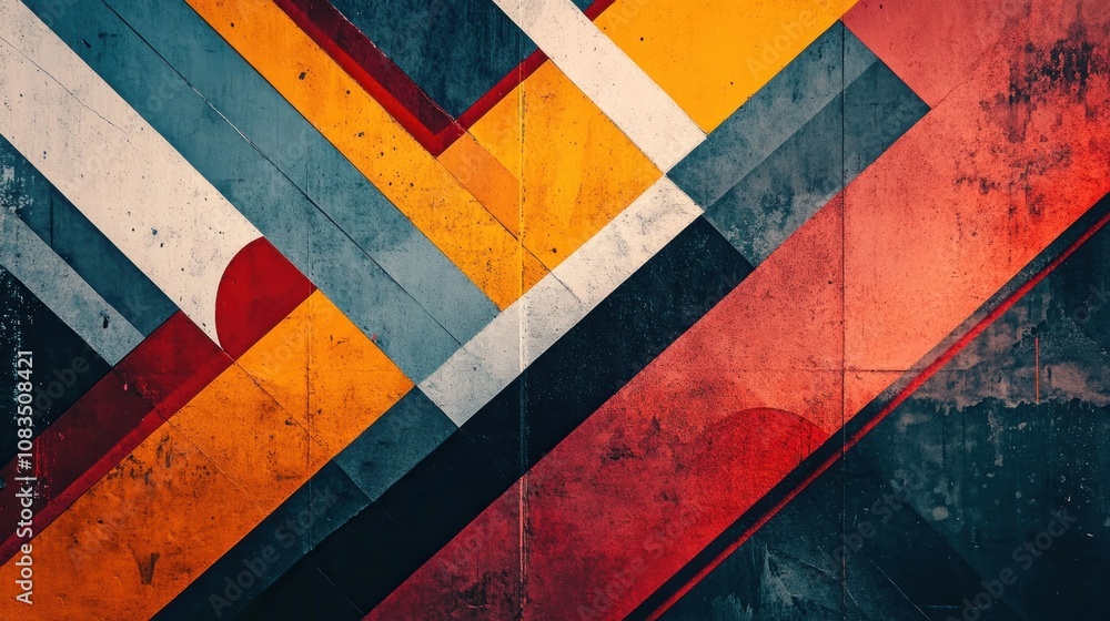 Aufkleber Abstract Geometric Pattern of Brightly Colored Stripes on Distressed Wall