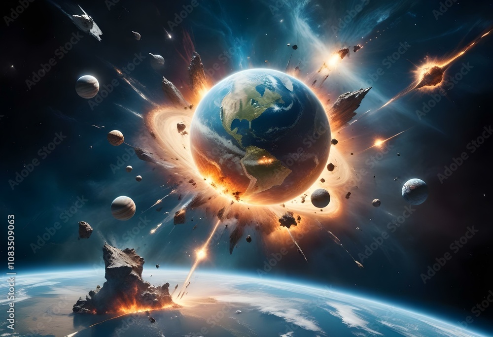 Wall mural outer space with alien planets and explosion 3d rendring planets around earth