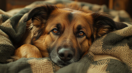 close up of dog resting on cozy blanket, showcasing its expressive eyes and warm fur. scene evokes sense of comfort and tranquility