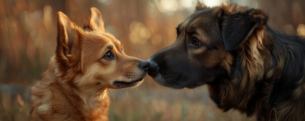 close up scene of two dogs sniffing each other, showcasing their curious expressions and warm fur in natural setting. soft lighting adds serene atmosphere