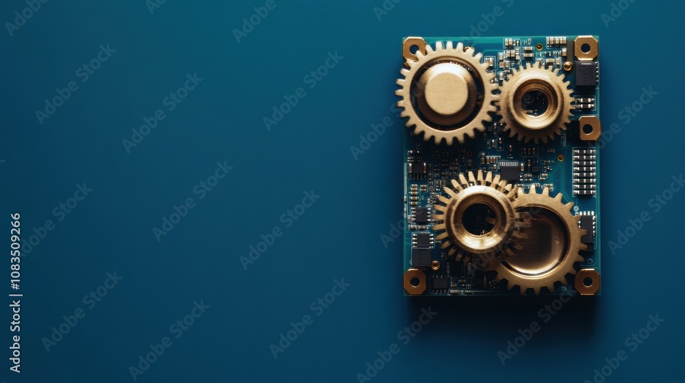 Poster a close-up view reveals a microprocessor board adorned with golden gears, representing the fusion of