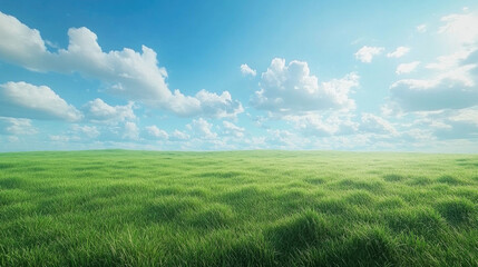 Green grass field and colorful sky clouds at sunset.