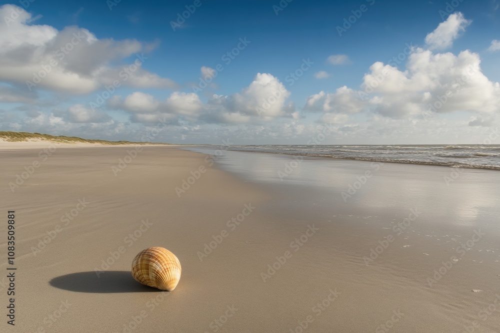 Poster a solitary seashell rests on a sandy beach, surrounded by gentle waves and a clear blue sky, creatin