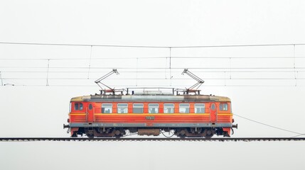 An electric train with overhead wires, isolated on white background