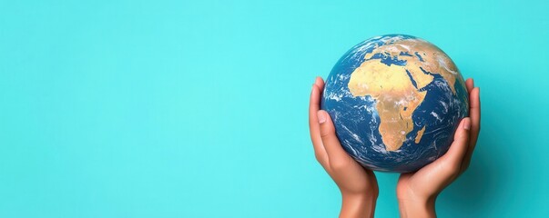 Climate activism concept for environmental justice. A person holds a globe, symbolizing global unity and environmental awareness against a vibrant blue background