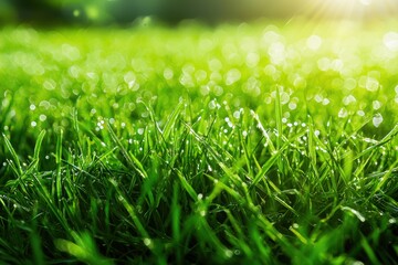 Fototapeta premium Close-up of dew-covered grass blades glistening in sunlight.