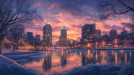 Obraz premium Cityscapes and reflections on the water at dusk during the Christmas and New Year festivals.