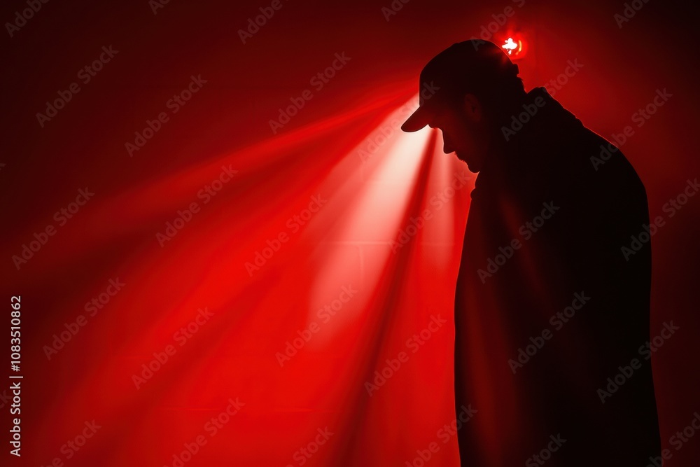 Poster a dark figure of a burglar outlined against red lighting, poised to execute a break-in at night whil