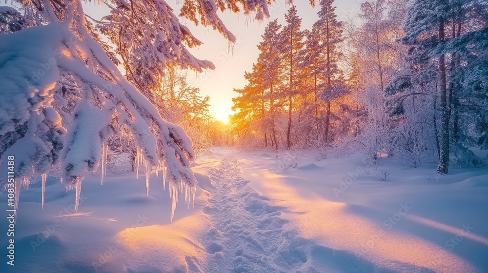 Poster sunlit path through a snowy forest at sunset