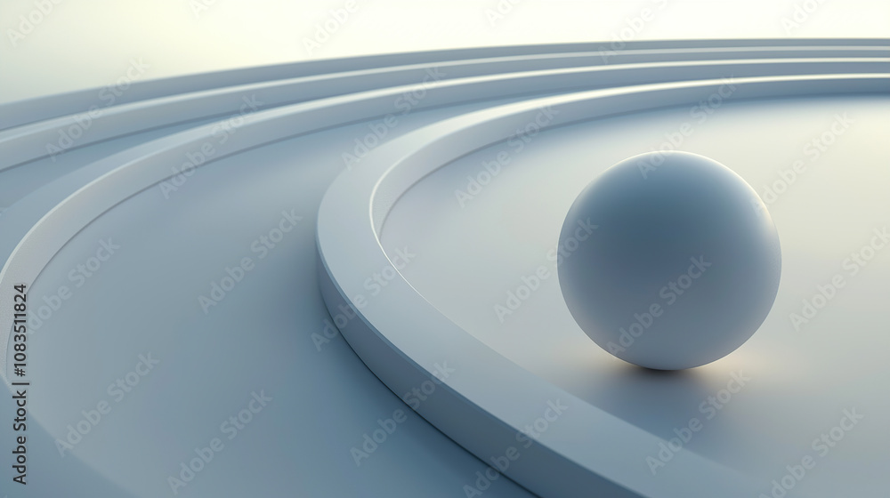 Poster 3d render of a white sphere rolling on a simple curved line path, with a minimalistic background and