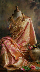 A beautifully draped saree with delicate threadwork, paired with traditional gold jewelry and embellished hair accessories, displayed elegantly on a table