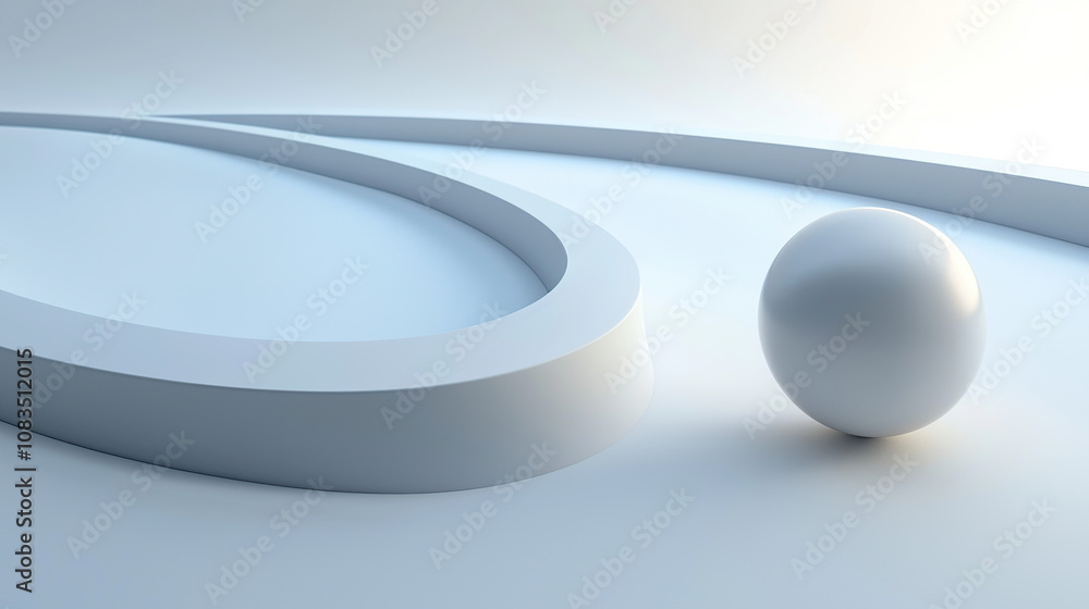 Poster 3d render of a white sphere rolling on a simple curved line path, with a minimalistic background and