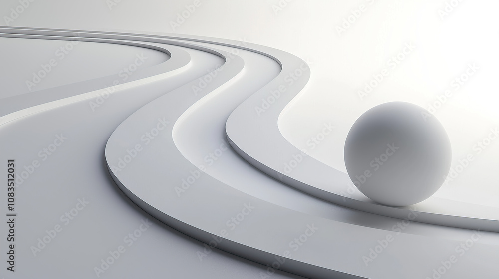 Poster 3d render of a white sphere rolling on a simple curved line path, with a minimalistic background and