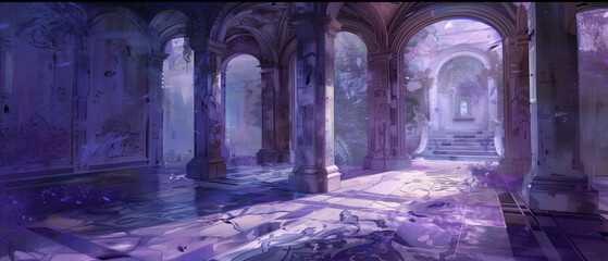 A digitally painted interior wing with sweeping, broad brushstrokes in a soothing palette of lavender and soft blues