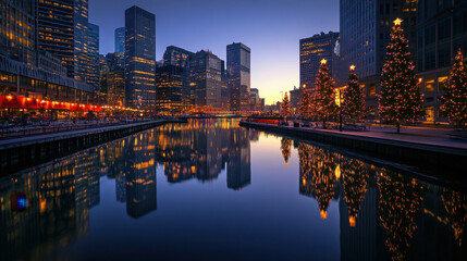 Fototapeta premium Cityscapes and reflections on the water at dusk during the Christmas and New Year festivals.