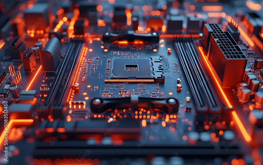 Poster a close-up of a circuit board illuminated with orange lights, showcasing intricate electronic compon