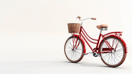 Fototapeta premium A classic red bicycle with a basket on the front, isolated on a white background