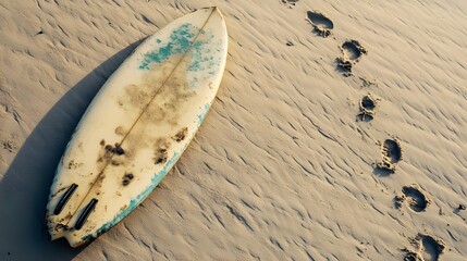 surfboard stuck in the  beach sand, footprints