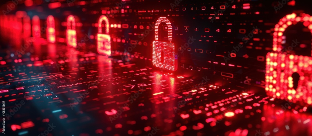 Poster red glowing padlock icons on a dark abstract background represent digital security.