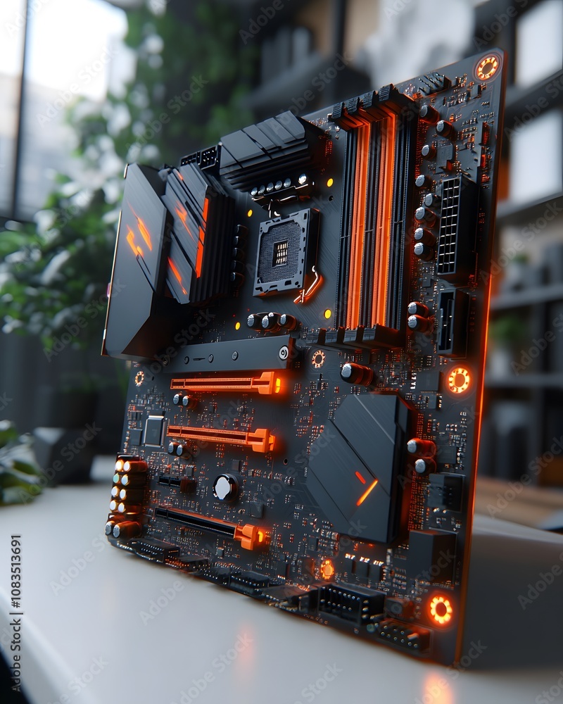 Poster a close-up of a modern computer motherboard with glowing elements and a sleek design.