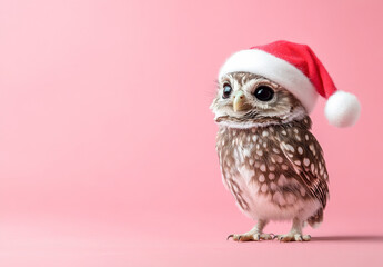 Obraz premium Adorable Owl in Pastel Red Santa Hat on Solid Background .