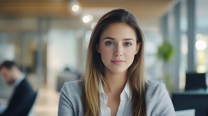 Fototapeta premium A female advisor discussing reports with clients, mid-shot, her expression calm and confident, warm lighting in a modern office for a professional and friendly feel 