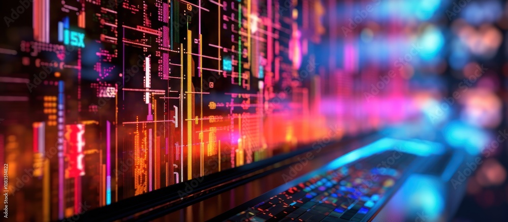 Fototapete close up of a glowing computer screen filled with colorful lines and patterns.