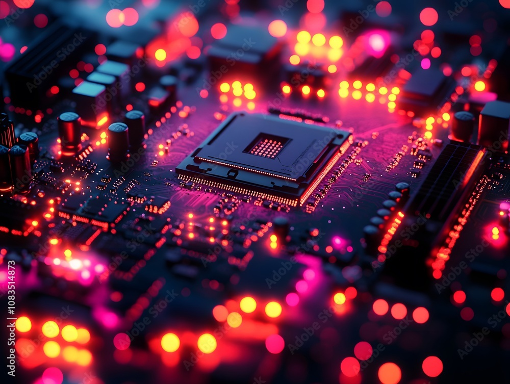 Aufkleber a close-up of a circuit board with glowing components, showcasing technology and electronics.