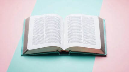 Fototapeta premium An open book resting on a pastel-colored surface, showcasing its pages.