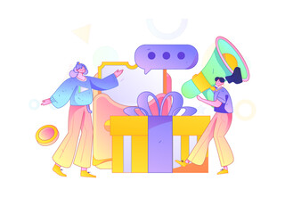 Obraz premium Holiday shopping people doing e-commerce online shopping flat vector concept operation hand drawn illustration 