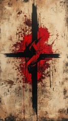 A striking and abstract artwork featuring bold black lines and vibrant red splatters on a textured background.