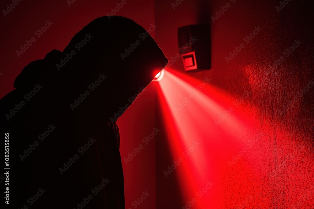 Poster a silhouetted burglar in a hooded garment stands in a red-lit hallway, lurking in the shadows while 