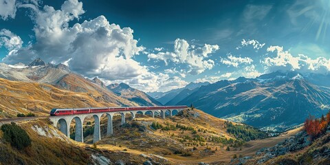 A breathtaking view of the Bernina Express train crossing the Swiss Alps with dramatic landscapes.