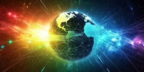 Obraz premium A bright and colorful abstract network with lines radiating from a central globe, symbolizing global connectivity and technology.