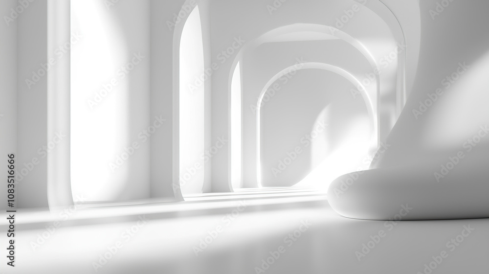 Poster 3d render of an abstract white background with curved lines and light, in a minimalistic style