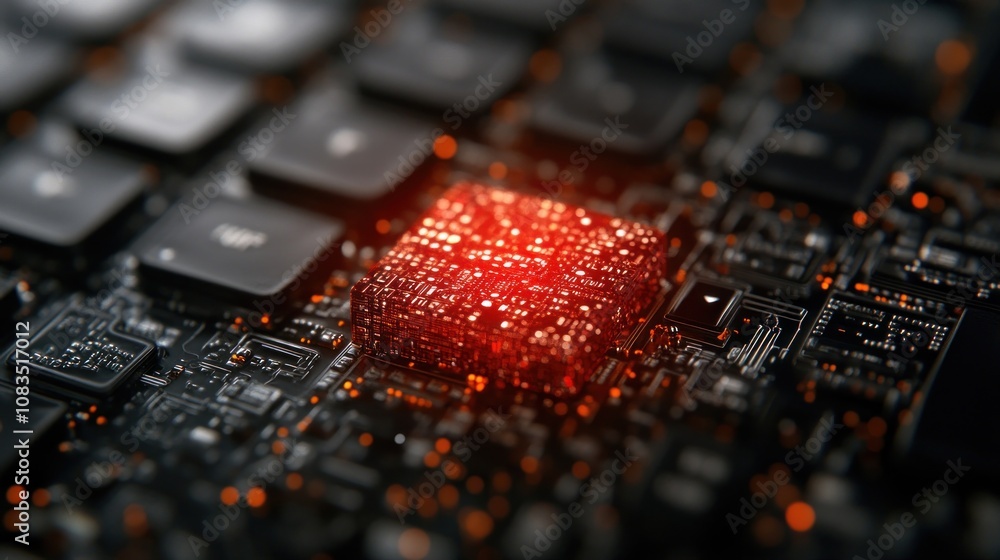Poster close-up of a glowing microchip on a circuit board.
