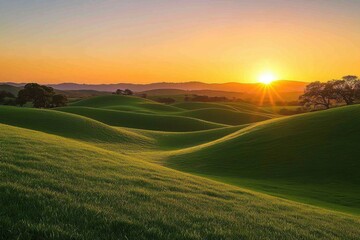 Fototapeta premium Serene landscape at sunrise, showcasing rolling green hills and a vibrant sky.