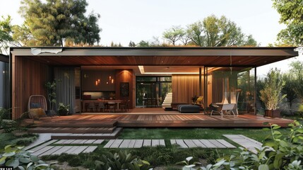 Obraz premium Modern house with green roof, large deck, and open floor plan.