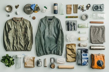 A variety of recycled and upcycled items are neatly arranged on a table, showcasing creativity and sustainability through thoughtful design. Generative AI