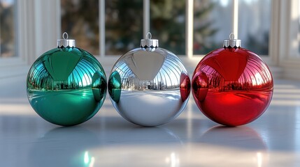 Christmas Ornament Trio: Three classic Christmas ornaments, green, silver, and red, capture the essence of the holiday season. They are arranged in a row on a white surface.