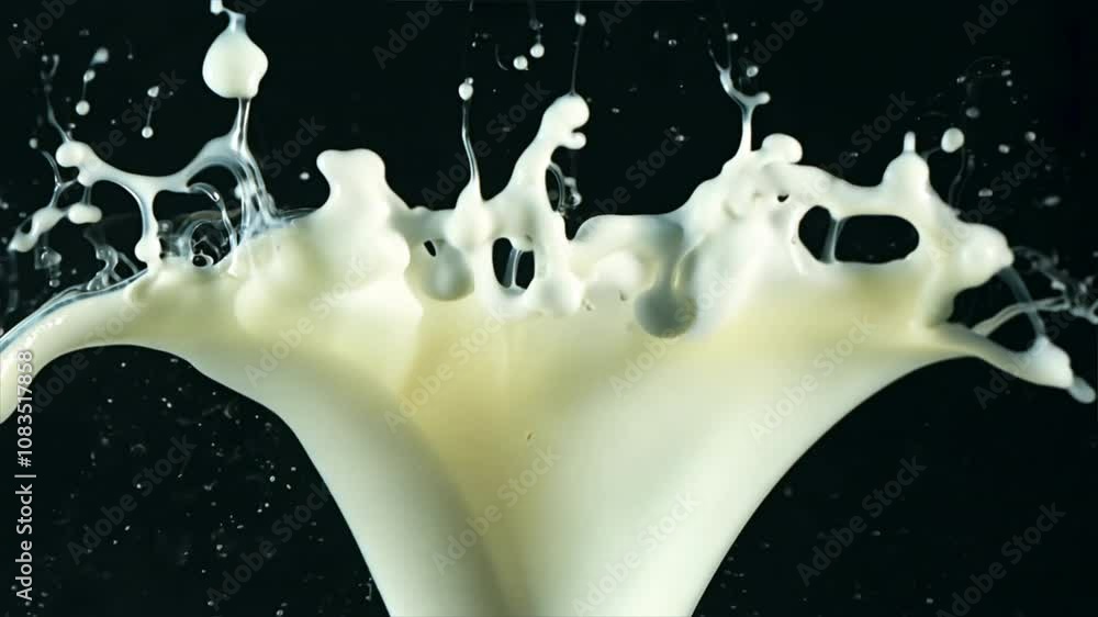 Poster dynamic splash of milk fluid motion and texture in white and black background with droplets and liqu