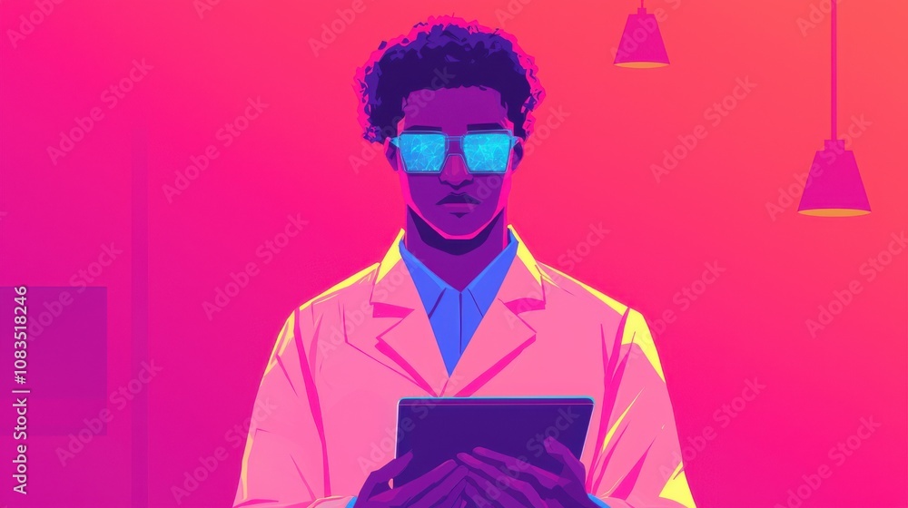Aufkleber innovative scientist analyzing data in modern lab digital art futuristic environment