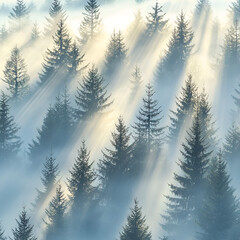 Obraz premium Mystical morning fog in dense forest