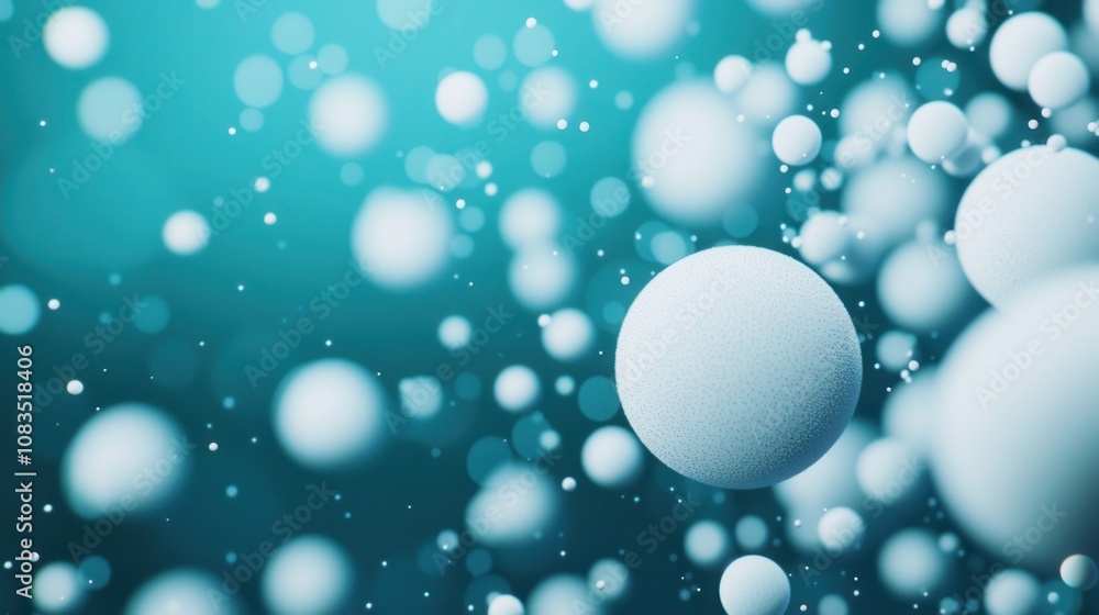 Poster microscopic particles floating in blue background science abstract view conceptual visualization