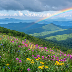 Obraz premium Vibrant rainbow over lush valley landscape