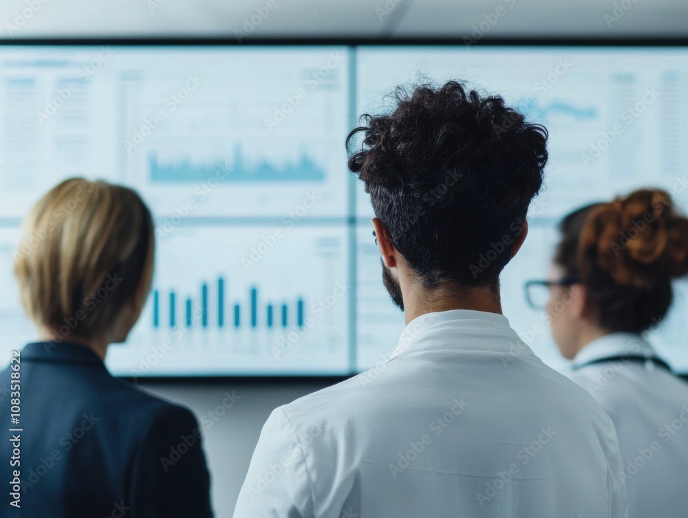 Poster analyzing business data trends office space presentation modern environment professional viewpoint d